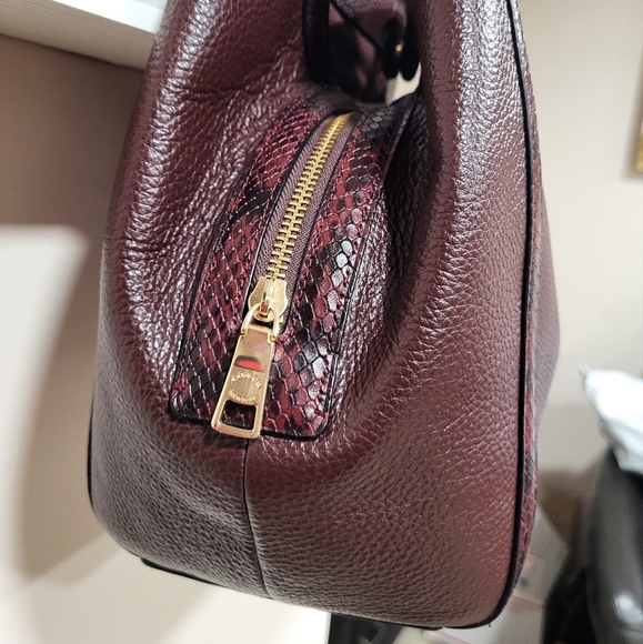 COACH Kristy Shoulder Bag Leather/ Snake-Embossed Brown Crimson Tote #C6830 - Picture 8 of 16